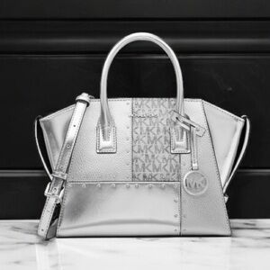 NWT $598 Michael Kors Avril Metallic Studded Patchwork & Signature Logo Satchel
